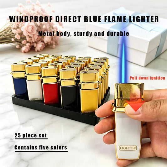 Pack of 25 butane lighters, blue flame, metal casing, no separate refilling required.