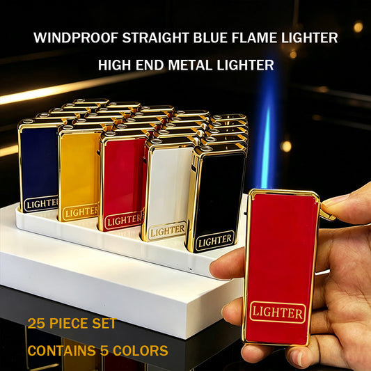 Pack of 25 butane lighters, blue flame, metal casing, no separate refilling required.