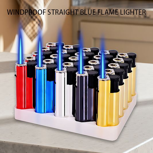 Pack of 25 butane lighters, blue flame, metal casing, no separate refilling required.