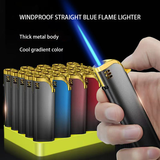 Pack of 25 butane lighters, blue flame, metal casing, no separate refilling required.