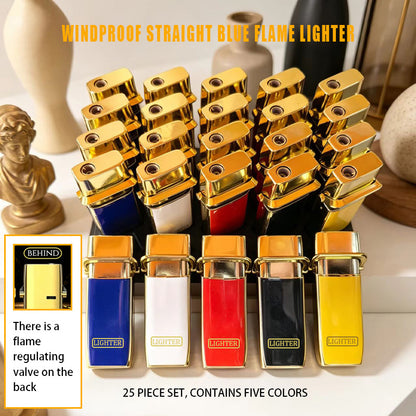 25pcs High-End Durable Butane Lighter Set, Metal Windproof Lighter, Blue Flame, Exquisite And Portable, Press Arm Ignition, Adjustable Flame, Suitable for Precise Ignition, Supermarket, Camping And Barbecue