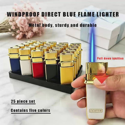 Pack of 25 butane lighters, blue flame, metal casing, no separate refilling required.