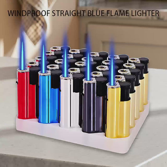 Pack of 25 butane lighters, blue flame, metal casing, no separate refilling required.