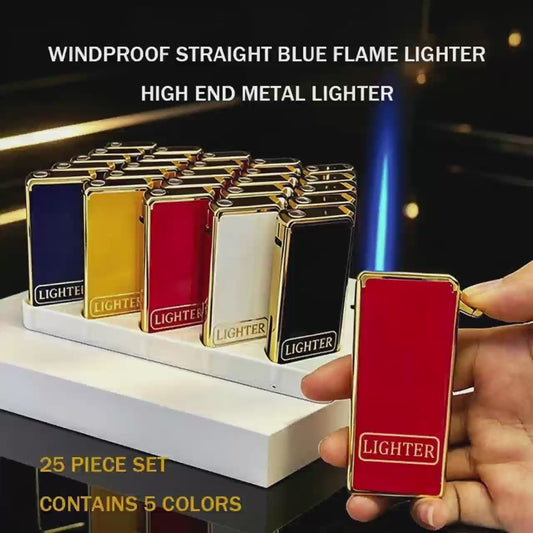 Pack of 25 butane lighters, blue flame, metal casing, no separate refilling required.