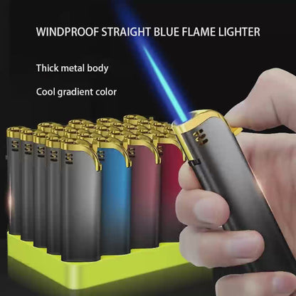 Pack of 25 butane lighters, blue flame, metal casing, no separate refilling required.