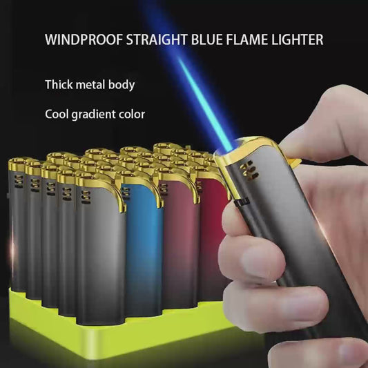 Pack of 25 butane lighters, blue flame, metal casing, no separate refilling required.